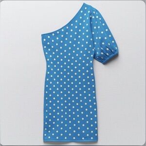 Zara Polka Dot One Shoulder Dress Puff Sleeve Nautical Retro Pinup Rockabilly